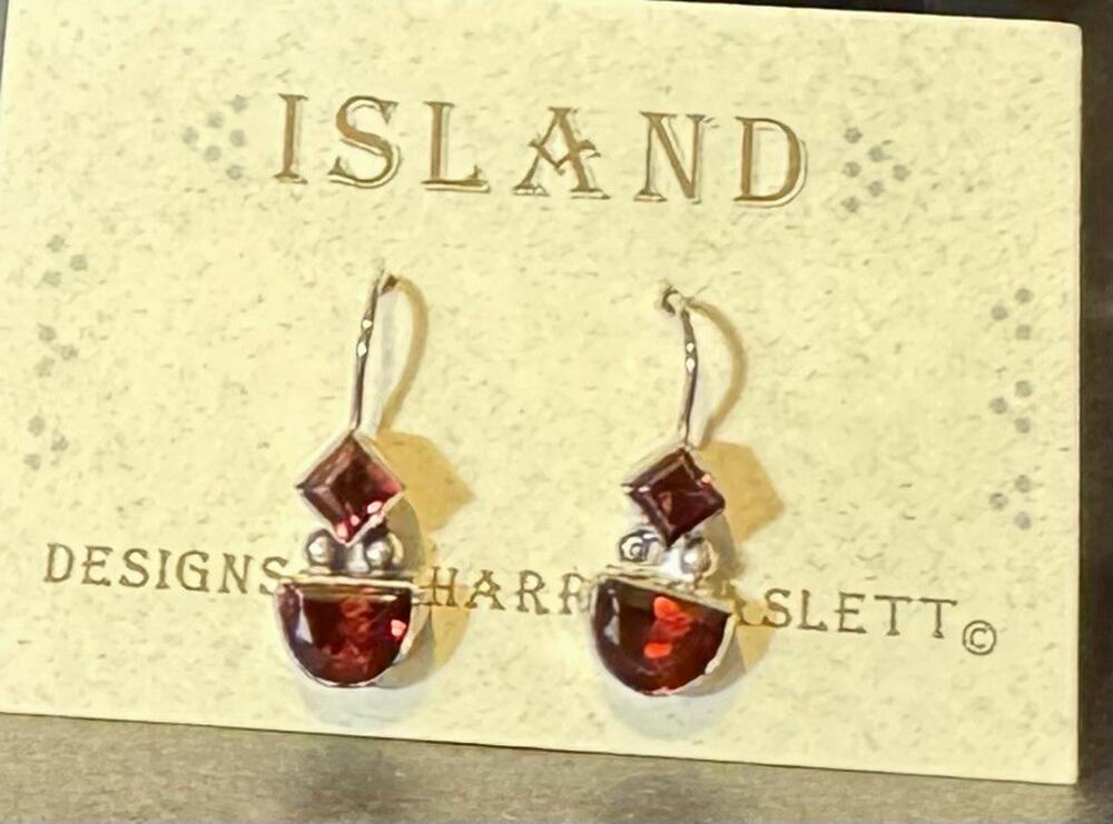 Island Designs 925 Sterling Silver Red Square Stone Dangle Hook Earrings Signed